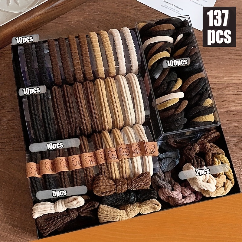 E-shop 137-teiliges Damen-Haargummis-Set – Hoch elastische, langlebige Haarbänder, mehrfarbige Pferdeschwanzhalter & Haarringe für Zöpfe, Dutt, Strand,