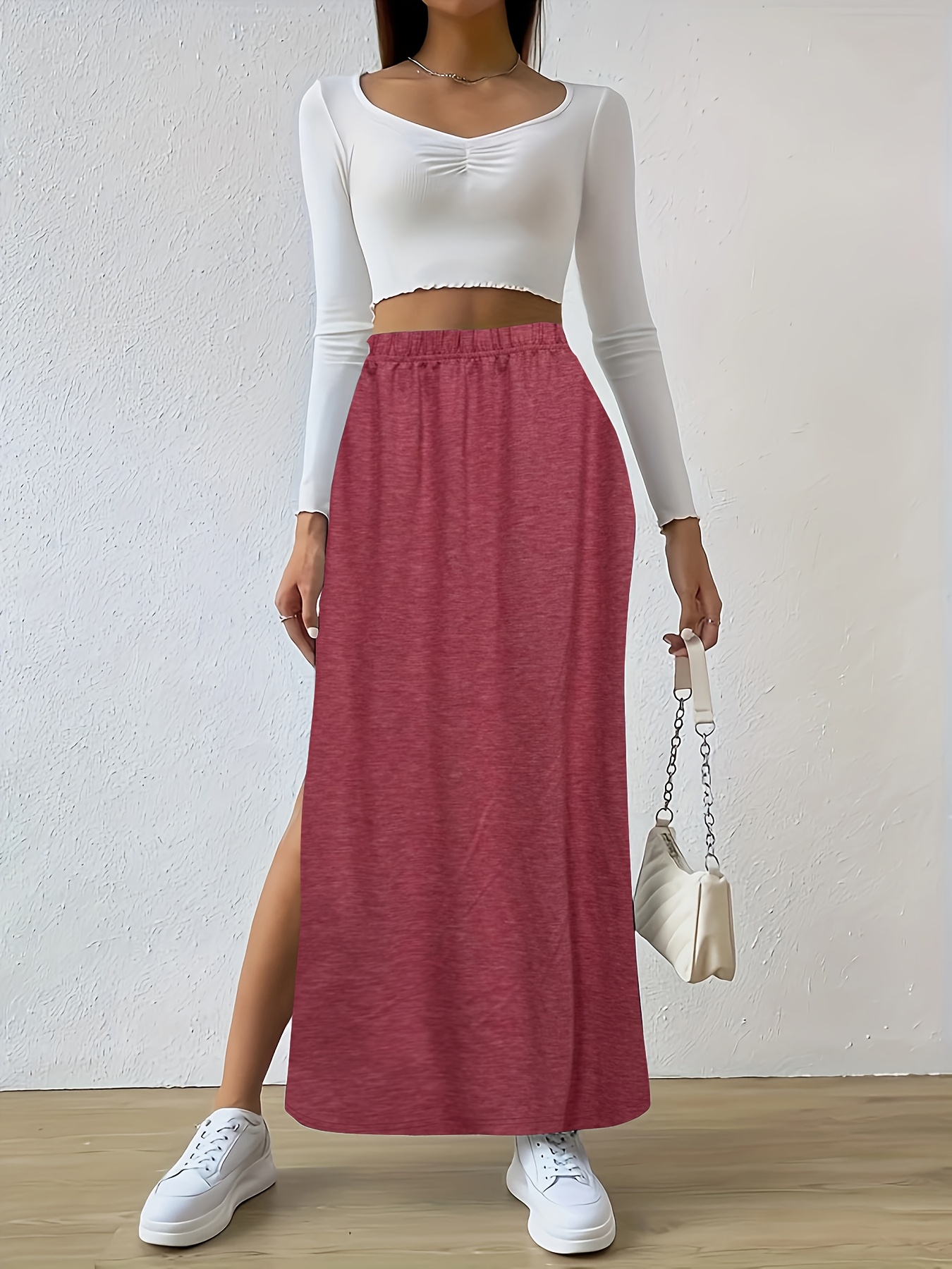 womens casual rayon midi skirt solid color side detail Temu