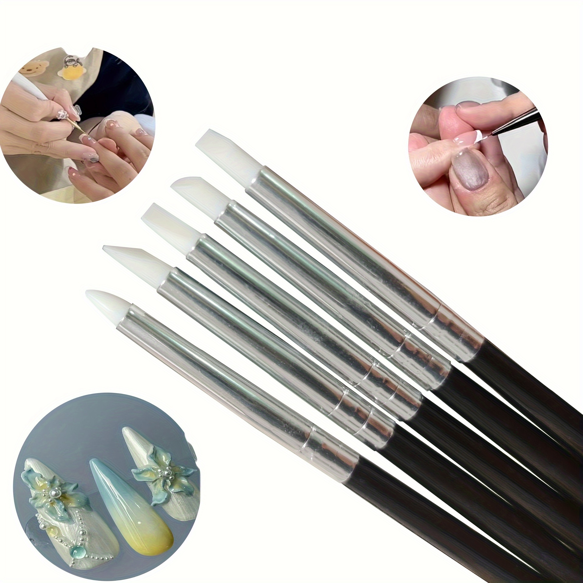 

5pcs Silicone Nail Art Pens, Unscented, Fine-tip Embossing Tools With Black Handles For Gel Sculpting And Carving