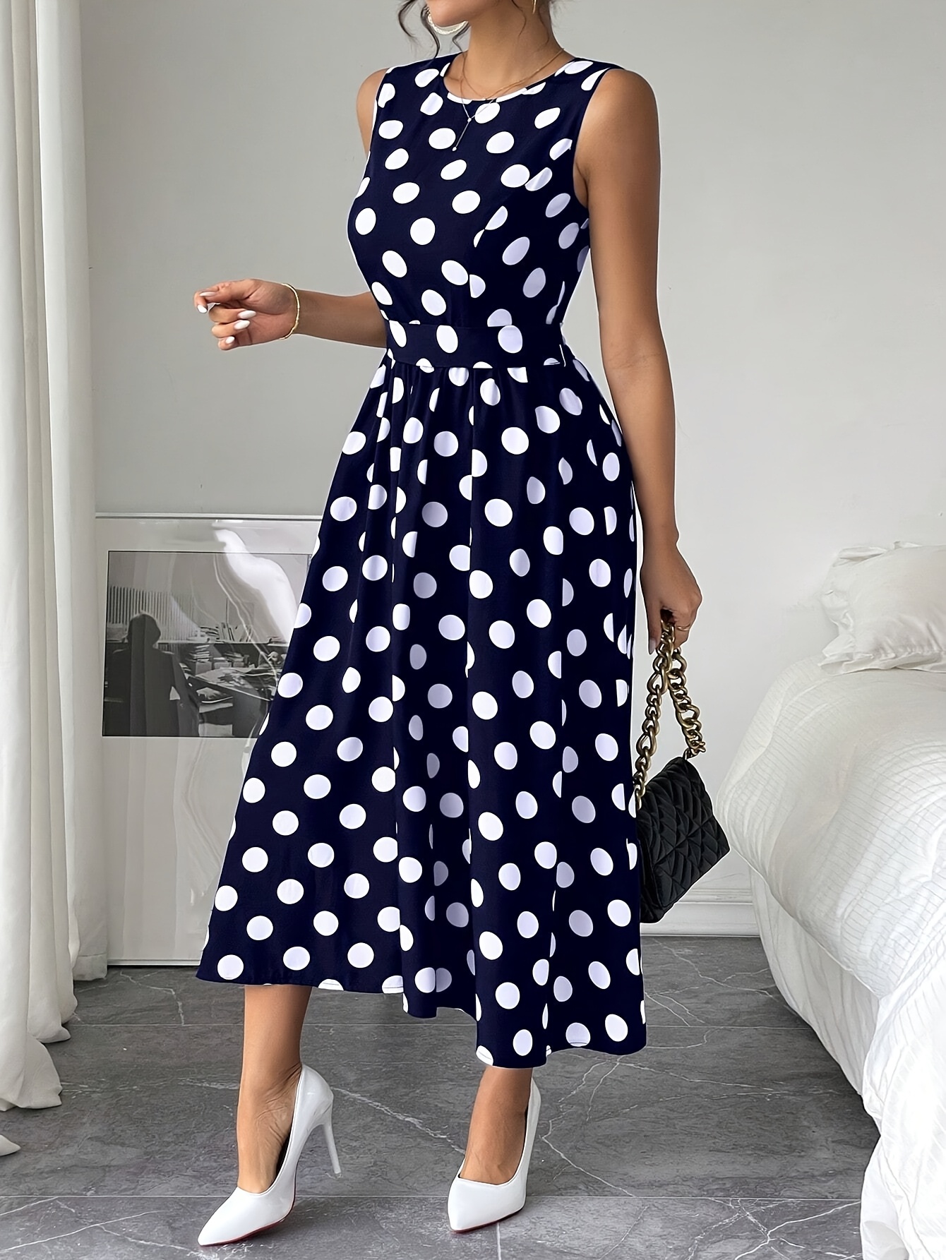 womens sleeveless a line polka dot dress navy blue white Temu