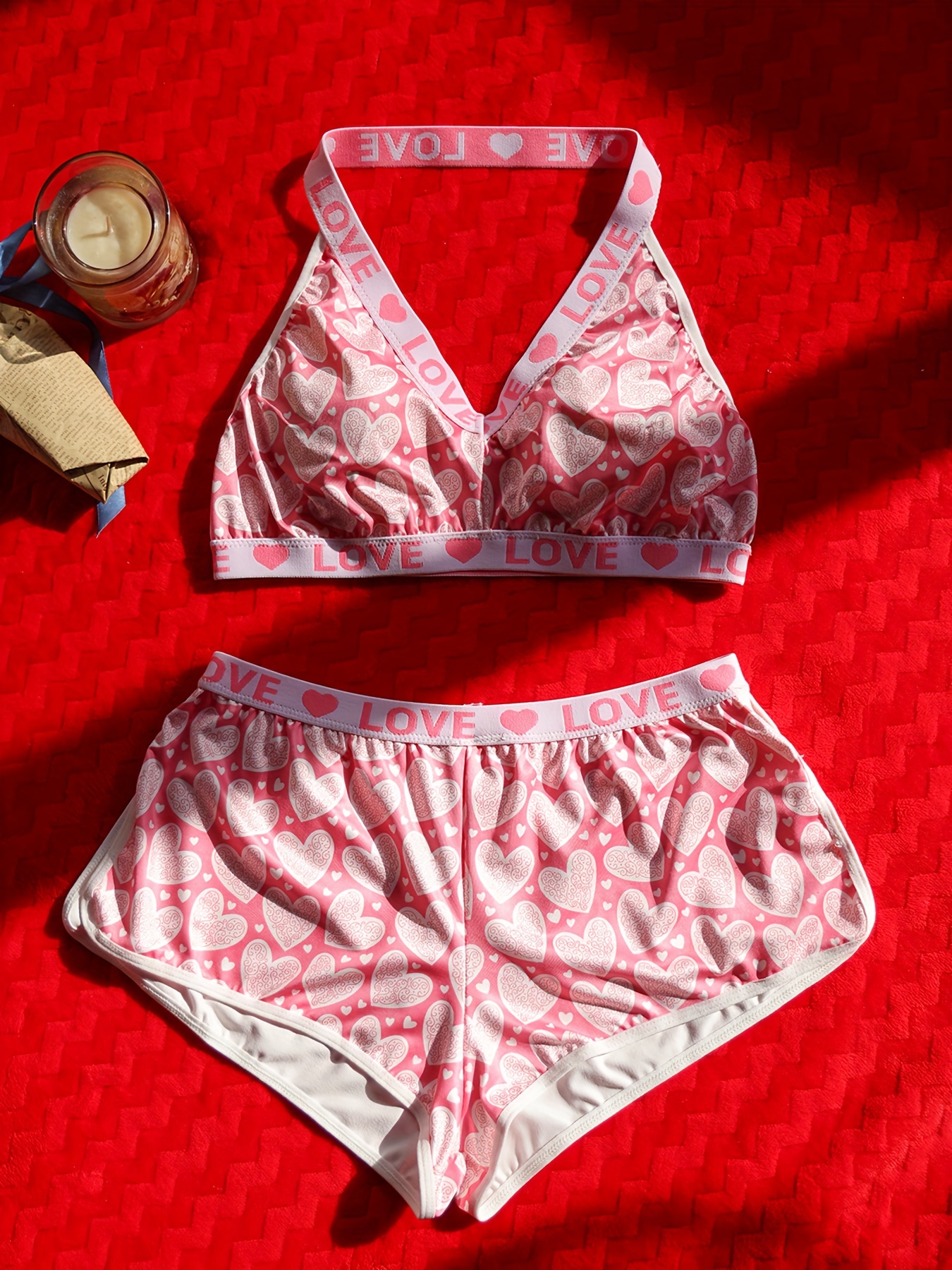 Valentine's Day Heart Print Letter Tape Lingerie Set, Halter Intimates Bra  & Shorts, Women's Sexy Lingerie & Underwear