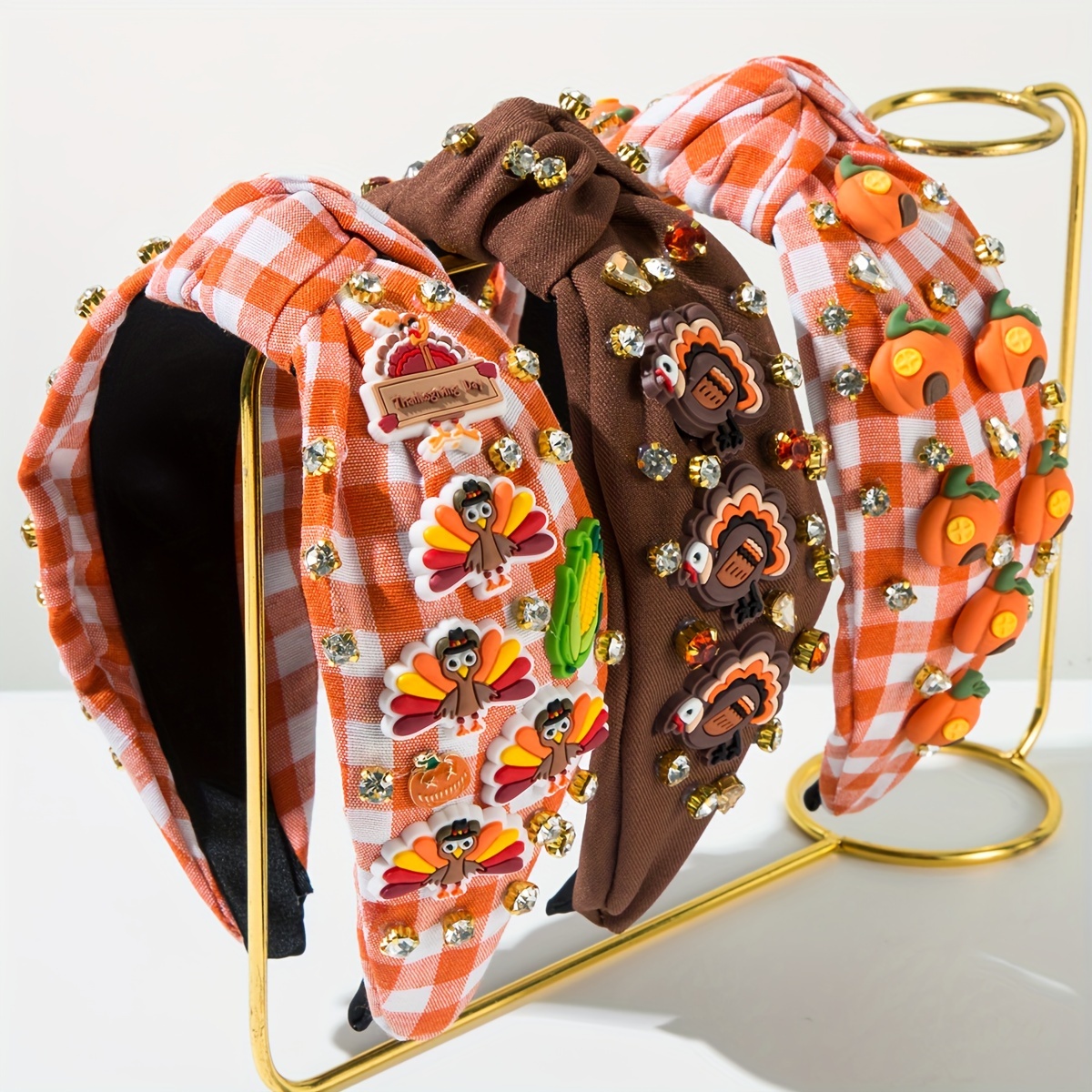 

1pc Thanksgiving Headband, Vintage Plaid Fabric With Rhinestone Turkey & Pumpkin Accents, Fashionable Holiday Hair Accessory For Women