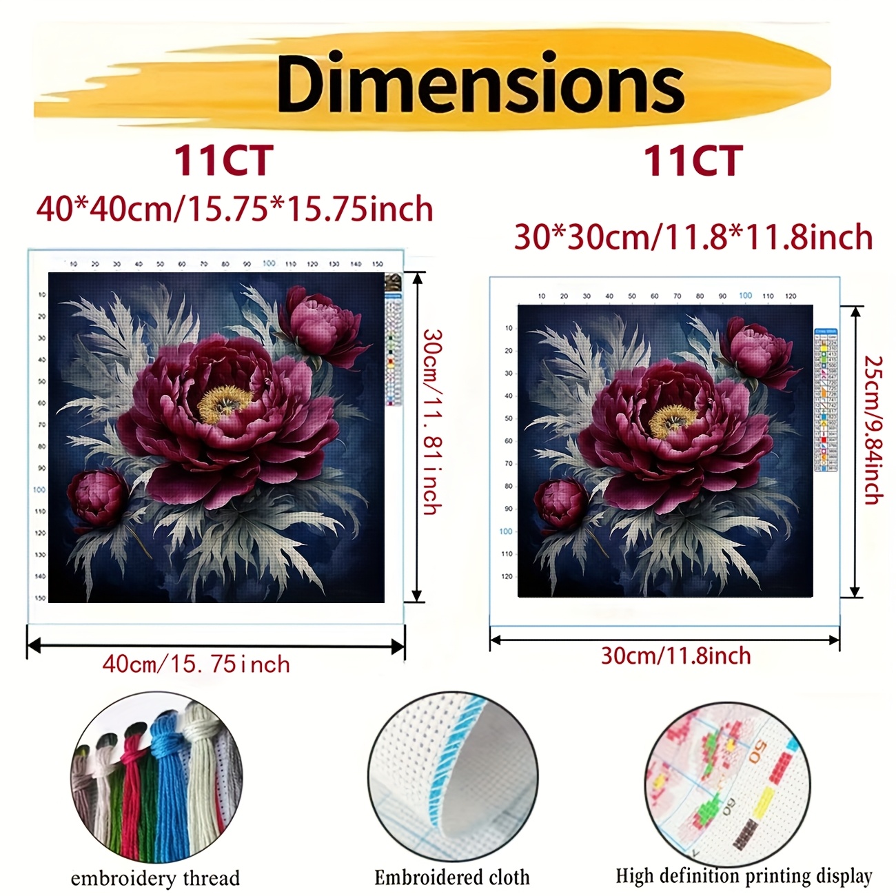Frameless Printed DIY Cross Stitch Kit with Peony on Dark Background Design