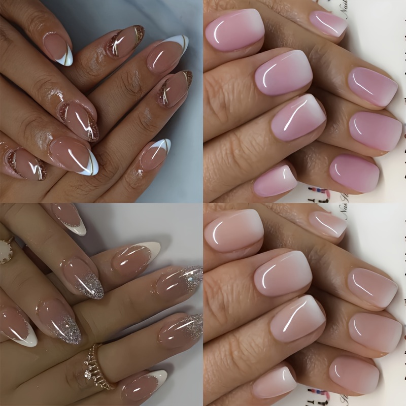 Image of 96pcs(4packs) Pink Gradient French Glitter Artificial Wearable Nails, Suitable For Daily Luxury, Delicate And Elegant Nail Art