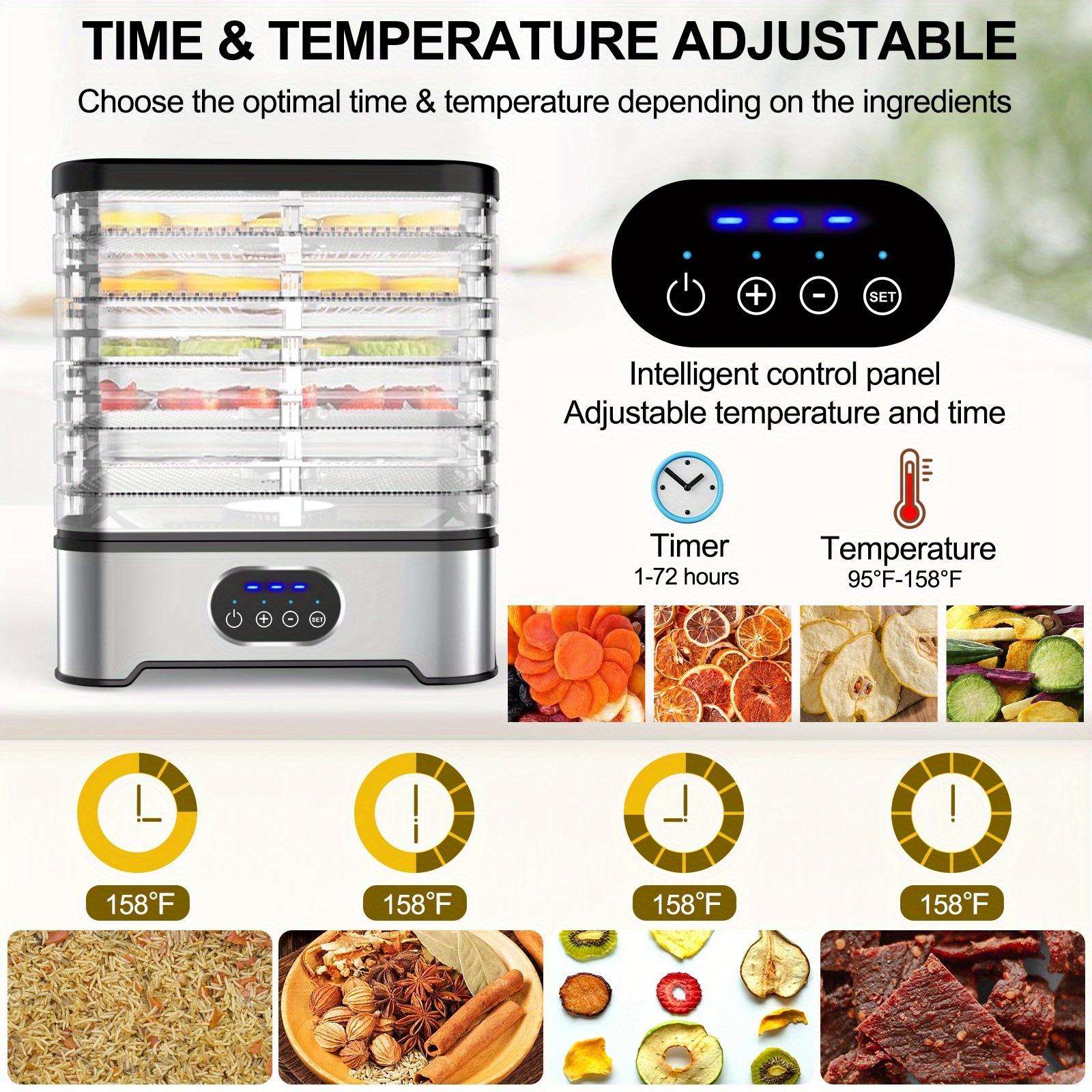 uk food dehydrator   with 5 trays food dryer for jerky fruits herbs vegetables   etc electric food preserver with 1 72 hour timer temperature control fan   temperature display stainless steel material Product details 4