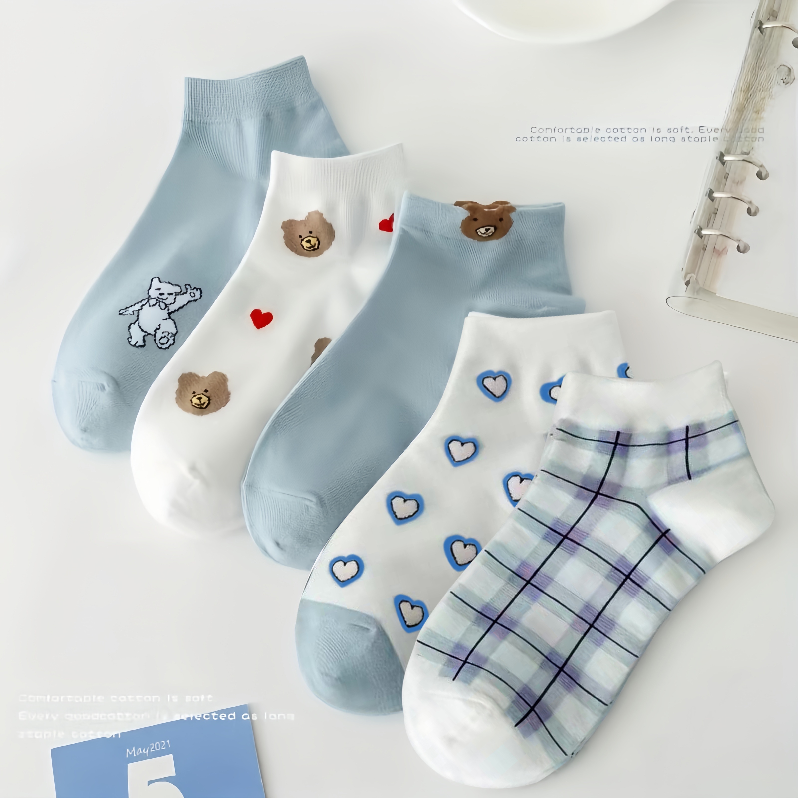 

5 Pairs Cute Bear & Heart Print Socks, Breathable & Comfy Low Cut Ankle Socks, Women's Stockings & Hosiery