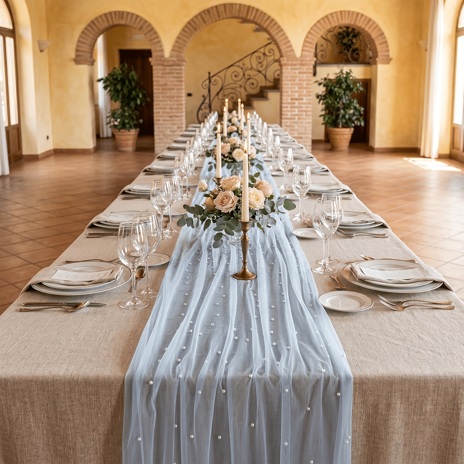 TEMU Light Blue 1pc Pearl Gauze Table Runner 120 Inch 10ft Pearl Sheer Tulle Tablecloth Centerpieces For Home Wedding Birthday Bridal Baby Shower