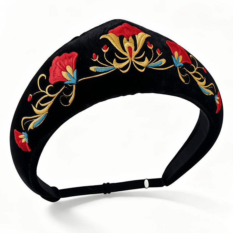 TEMU Vintage Floral Embroidered Wide Headband For Women Ethnic Folk Flower Embroidery Hair Hoop Retro Elastic Hair Additions