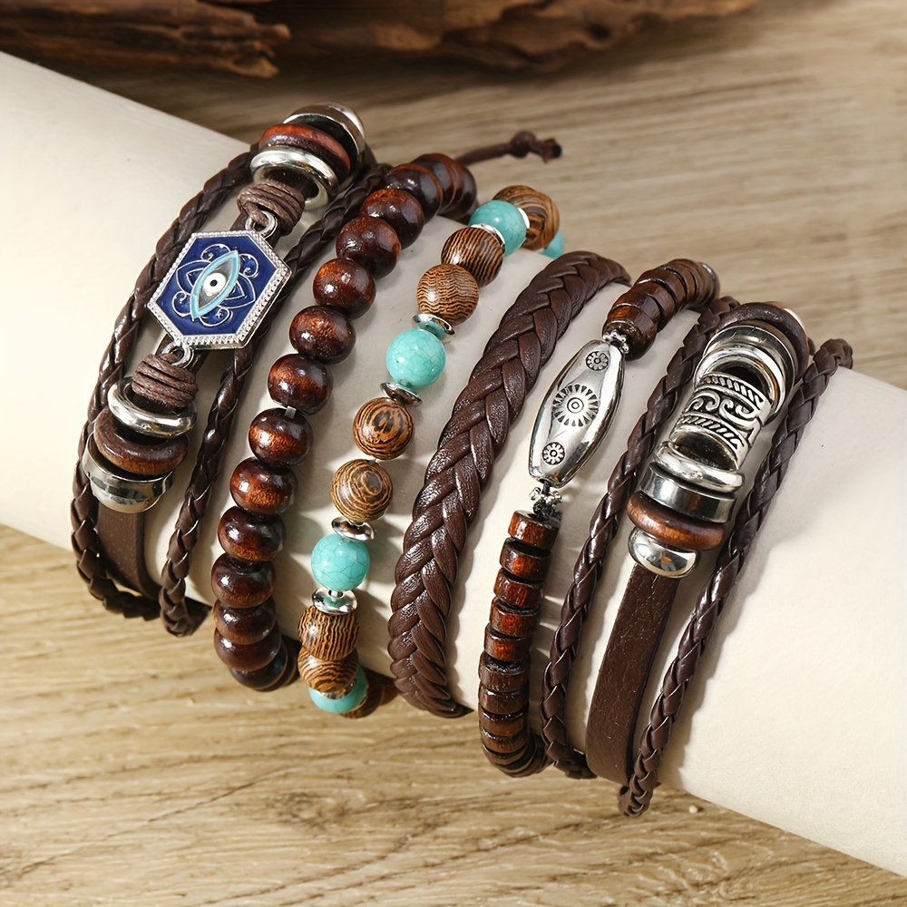 6pcs Retro PU Leather Beaded Bracelets Set for Men