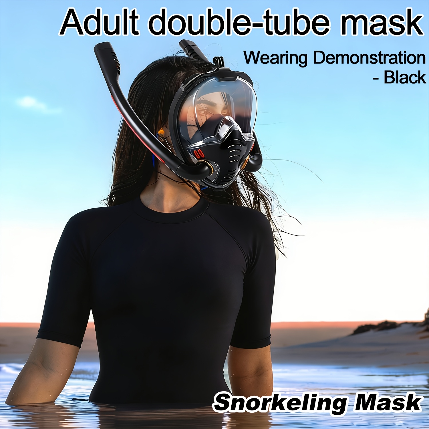 1 Full Face Snorkeling Mask | Adult Swimming Gear, 180 Degree Panoramic Dual Tube Mask with Camera Mount, PC Material - BOKEFA