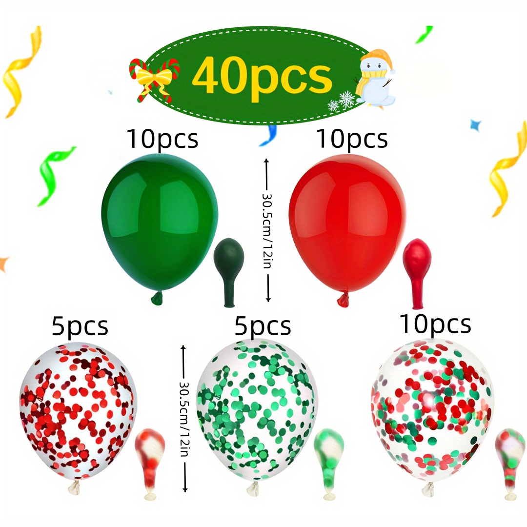 Image of 40pcs 12" Red & Green Confetti Balloons With Ribbons - Perfect For Christmas, New Year's, Showers & Birthday Parties