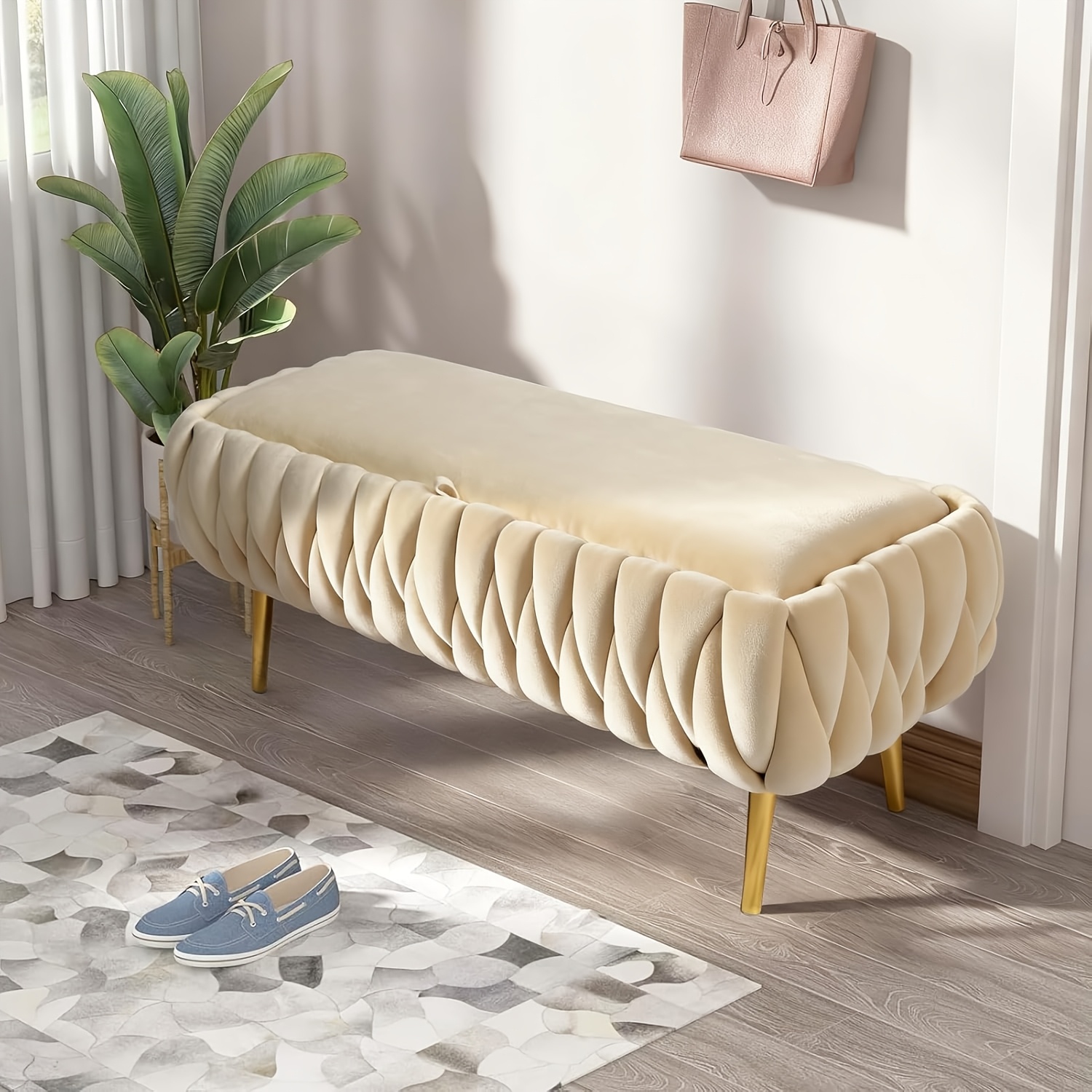 Image of Storage Bench, Velvet, Upholstered Bed Bench, Storage Chest, 105 Cm, Golden Metal Legs, Load Capacity Up To 300 Kg, For Hallway, Entrance Area, Living Room, Bedroom