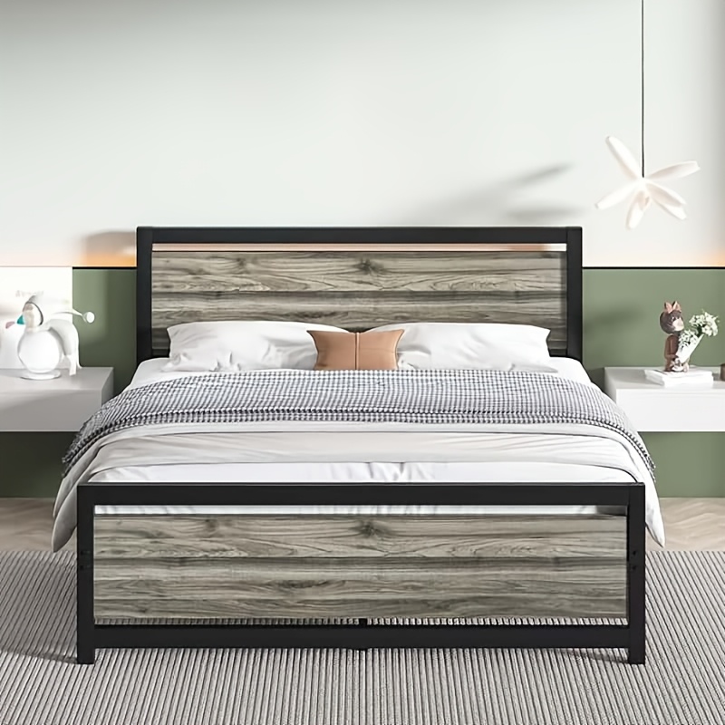 

Metal Platform Bed Frame With Wooden Headboard Footboard, Rustic Country