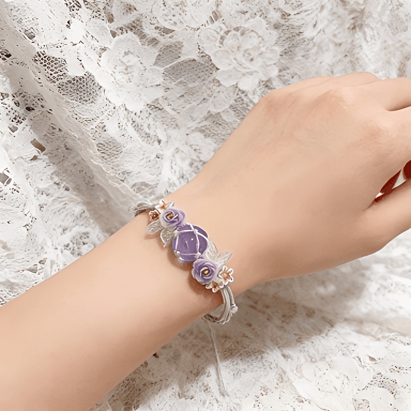 Purple Camellia Handwoven Crystal Bracelet