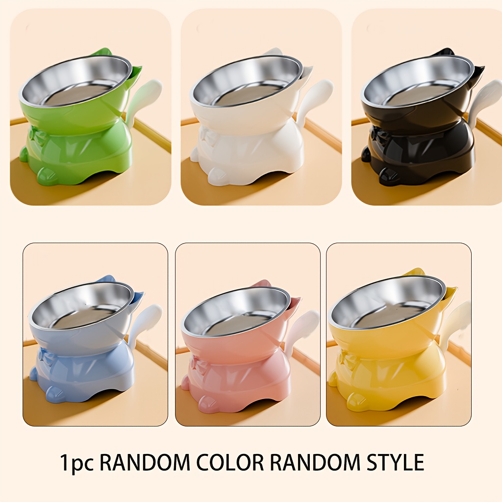 1 Random Color And Style : A High-footed Cat Bowl For Food And Water, Designed To Prevent , Made Of Stainless Steel