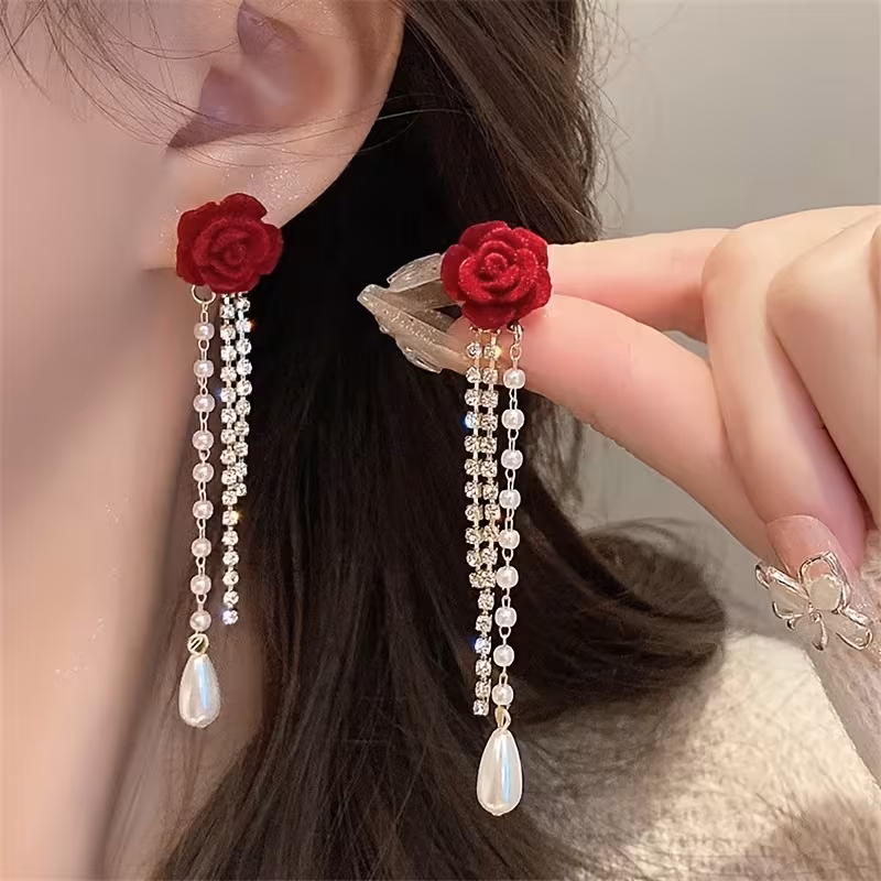 1 Pair of Retro Red Camellia Earrings