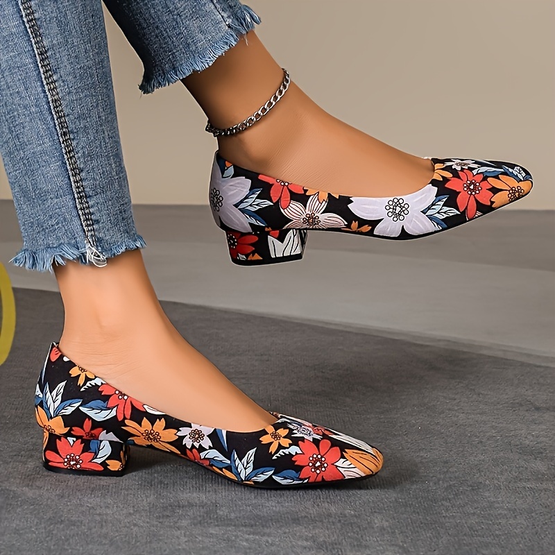

Women's Floral Pattern Shoes, Soft Sole Casual Shallow Mouth Shoes, Versatile Party Chunky Heels