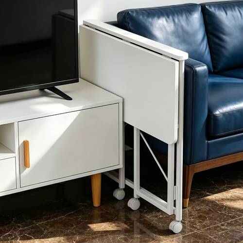 household multi functional minimalist white movable folding table thickened metal with stable load bearing thickened wood board is wear resistant 75cm silent universal wheels for pushing folding storage does not