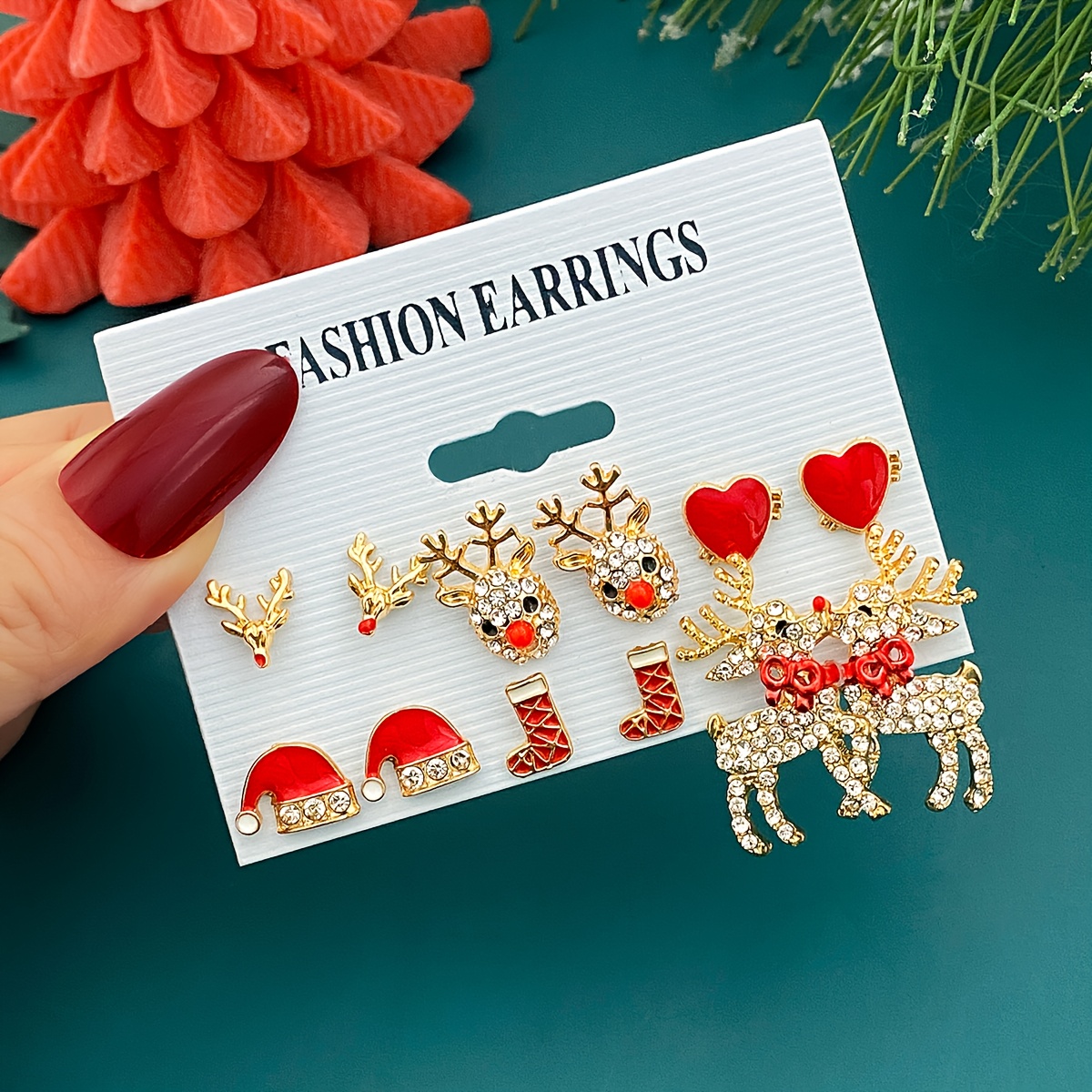 TEMU 6 Pairs Of Christmas Stud Earrings With Bow Tie, Color Palette, Snowflake, And Spring Christmas Tree Designs. Artificial Crystal Reindeer Makes