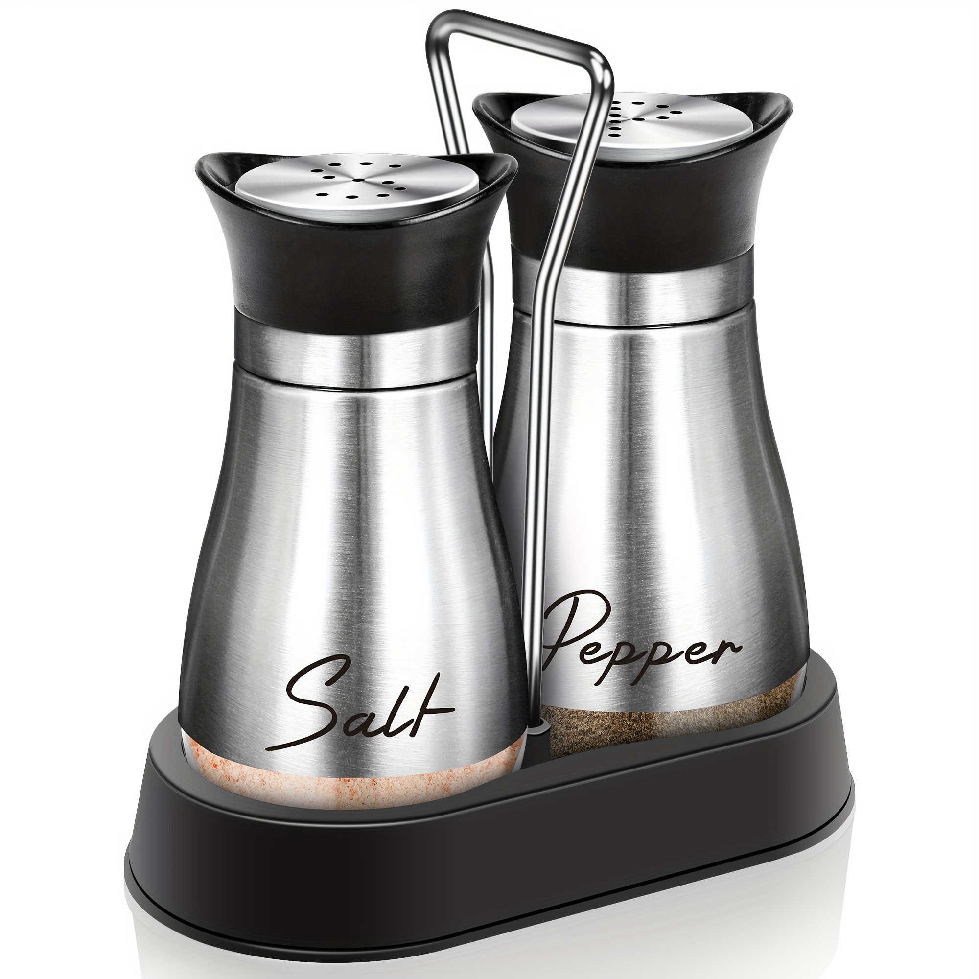 TEMU Salt And Pepper Shakers Set With Holder, 4 Oz Stainless Steel Salt Shaker With Kitchen Gadgets For Counter Modern Decor Table, Rv, Camp, Bbq Refillable Design (silvery) Father Gift