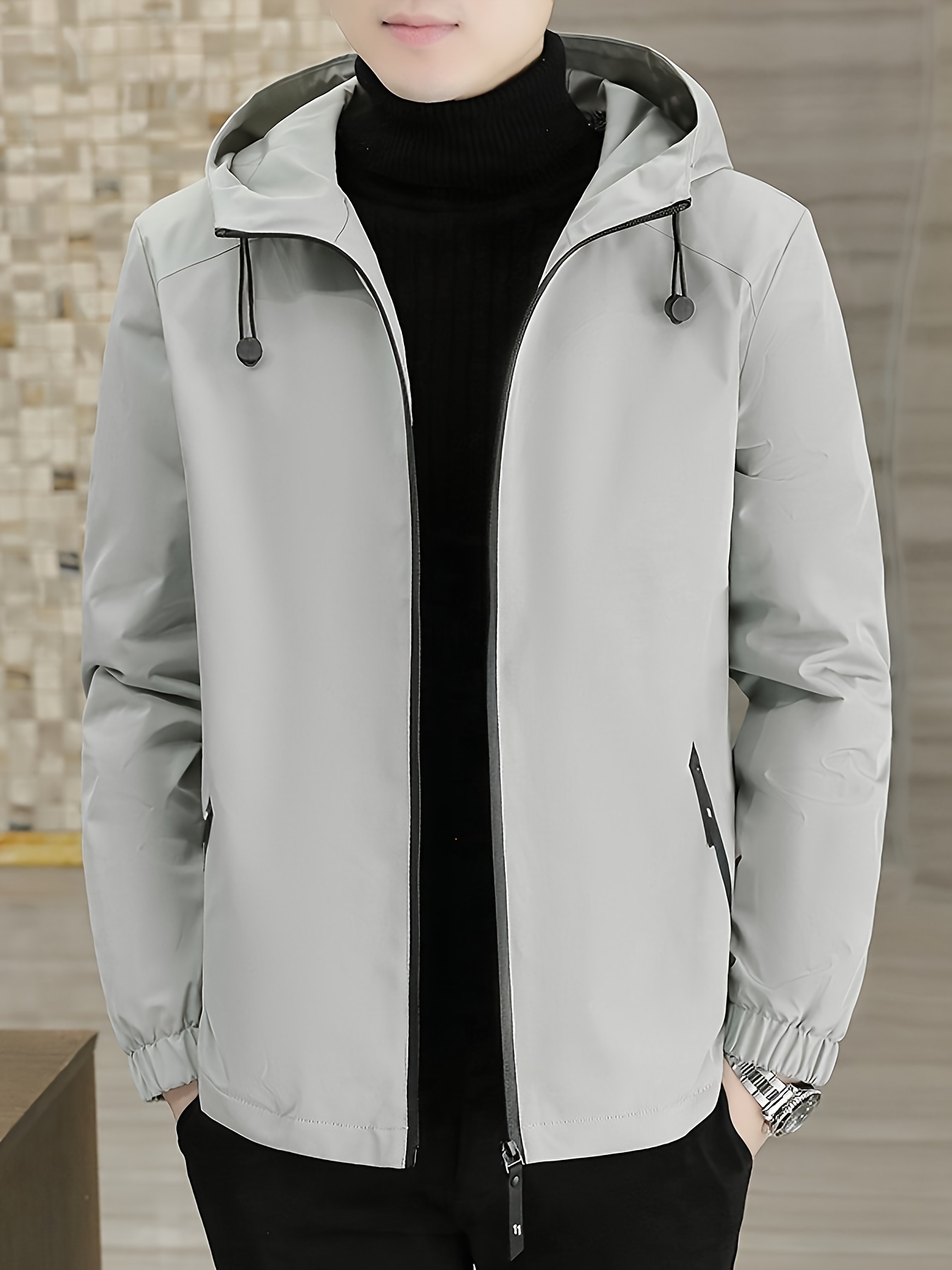 Chaqueta de polar para hombre, abrigo con cremallera resistente al viento para otoño, chaqueta con capucha casual, cálida y moderna, color sólido