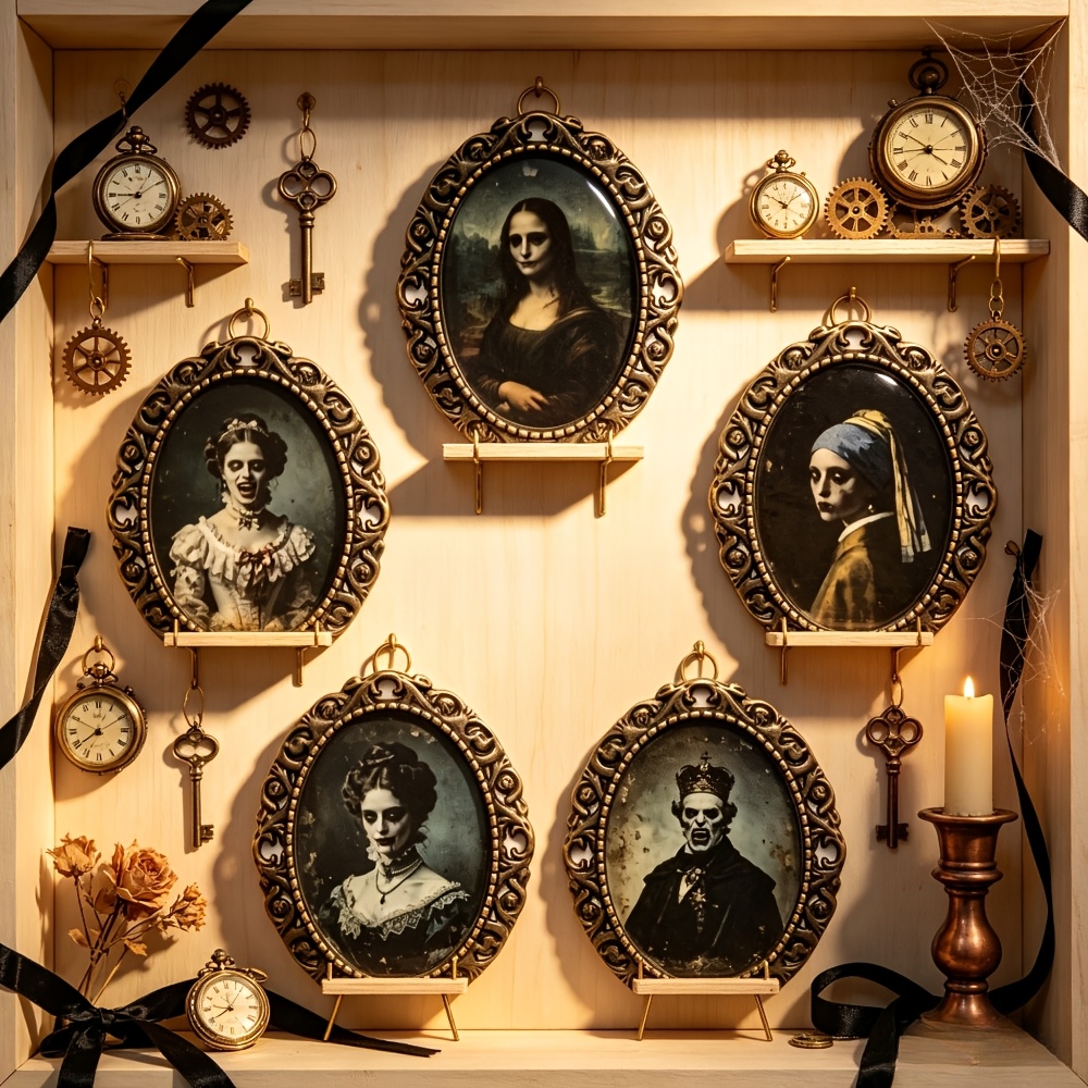 TEMU 5pcs Set, Mini Halloween-themed Oval Vintage Metal Carved Picture Frame . Complete 5-style Different Content Halloween Frame . Hung, , . Micro