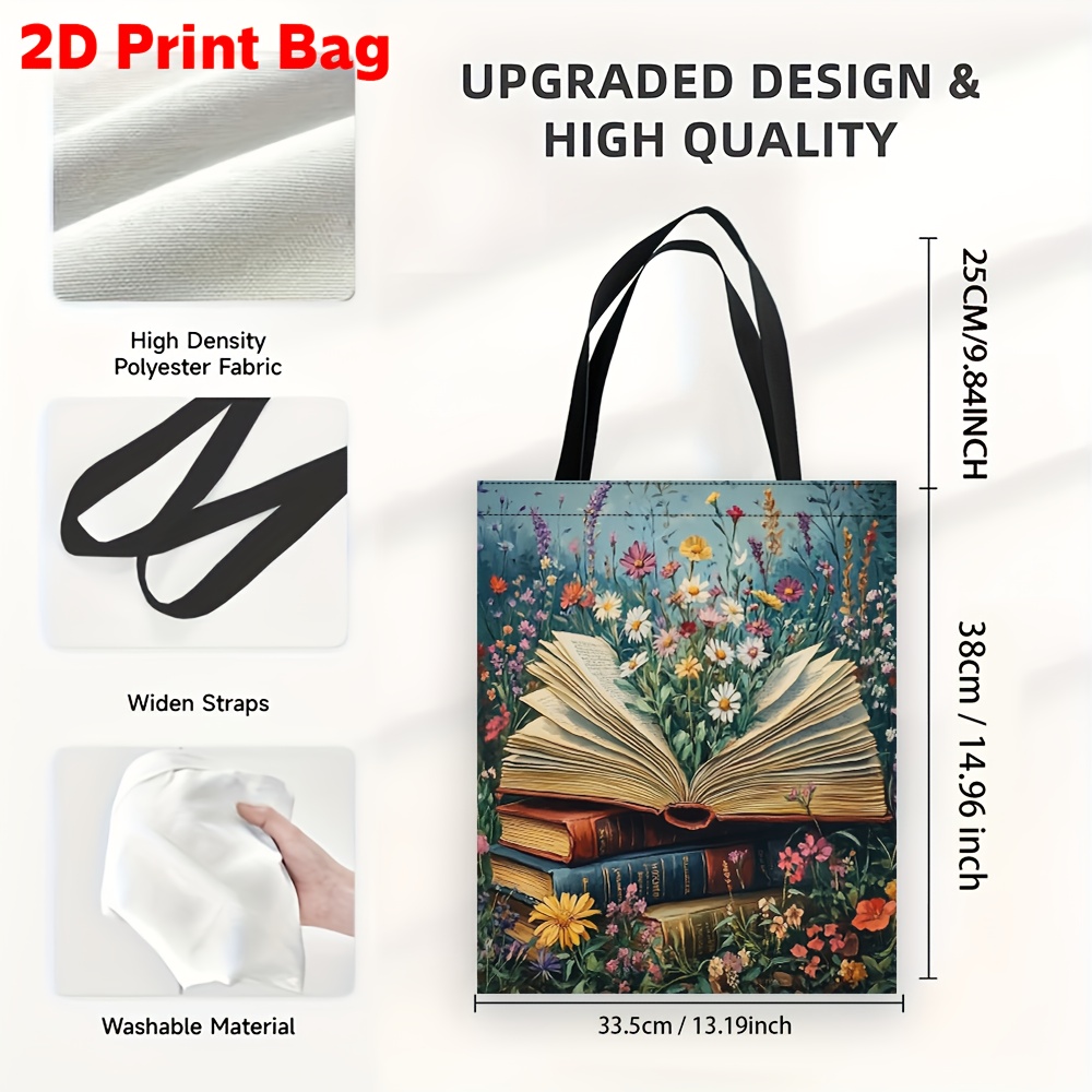 TEMU Borsa Tote con Fiori e Libri - una Elegante Borsa a Spalla con un Libro e Design , Perfetta per il Shopping, i Viaggi e l'Uso - un' Idea Regalo