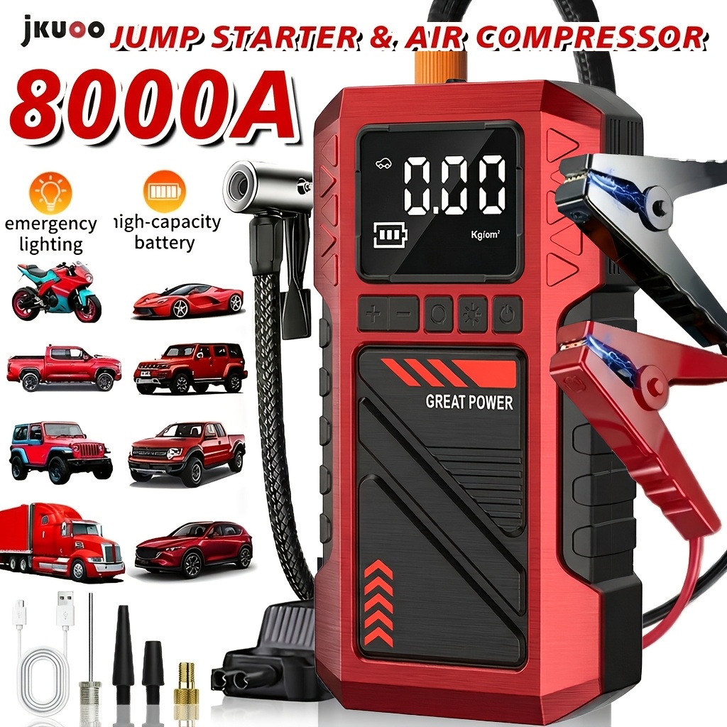 item picture 10 in 1   180 psi portable tire air compressor inflator with built in 8000mah high capacity battery 8000a heavy duty car jump starter pack automotive emergency starter featuring   and led flashlight durable construction