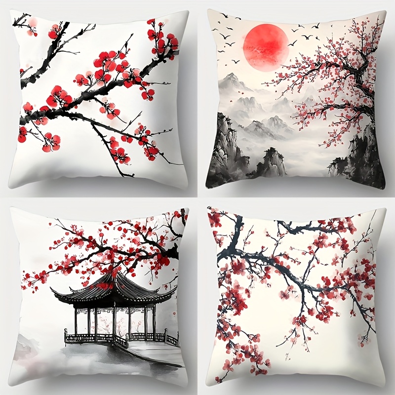 4pcs Set, Sofa Pillow Cover, Plum Pillowcase, 17.7 Inches * 17.7 Inches, Single-sided Printing, Home Decoration, Sofa Lumbar Support Cover, Pillow Cover Without Pillow Core
