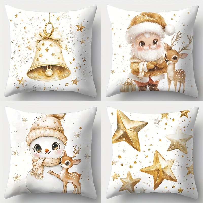 

4-pack Christmas Pillowcases, 17.7x17.7 Inches, Contemporary Style, Polyester, Zippered Covers With Printed Snowman, Golden Santa, Designs, For Home & Sofa Decor, Living Room, Hand Wash Only