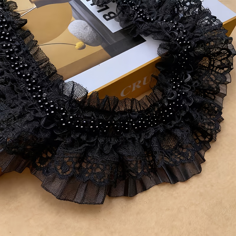TEMU 7.5cm Wide Black Elastic Lace Trim With Pearls Stretchy Pleated Lace Trim For Dresses, Cuff Decoration, Handmade Sewing Additions, Sewing Trim