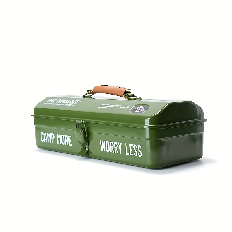 portable metal camping toolbox with sturdy handles  es compact outdoor gear storage box for camping hiking   durable multi purpose storage case camping accessories secure   design 0