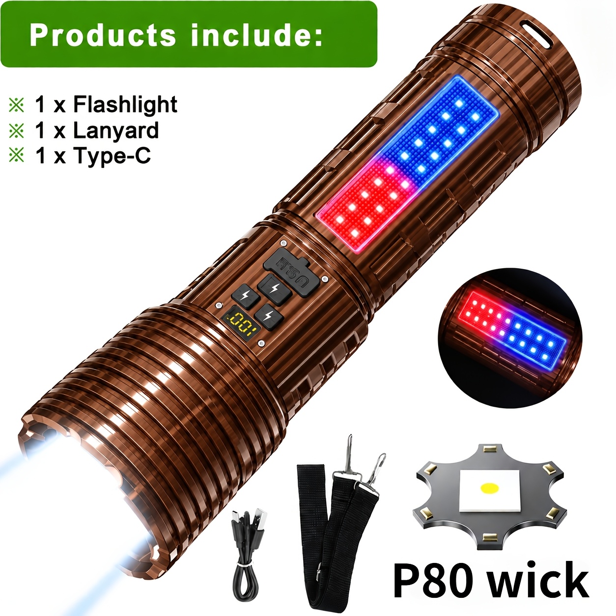 New High Brightness Led Large Flashlight With Shoulder Strap, 14 Brightness , With Cob Side Light, With Adjustable Zoom Function, Suitable For Camping, Farm . Portable Lighting Device Must-have For