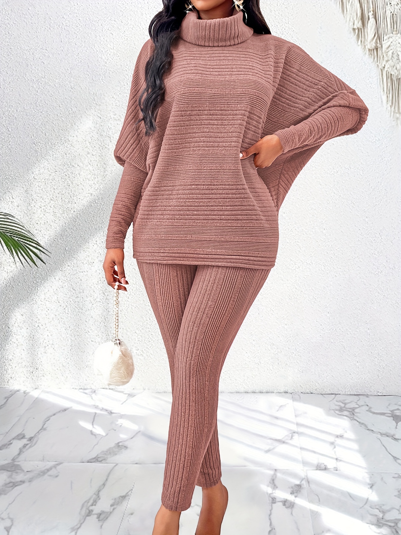 Model wearing the elegant stand collar long sleeve top with pants set, image 1