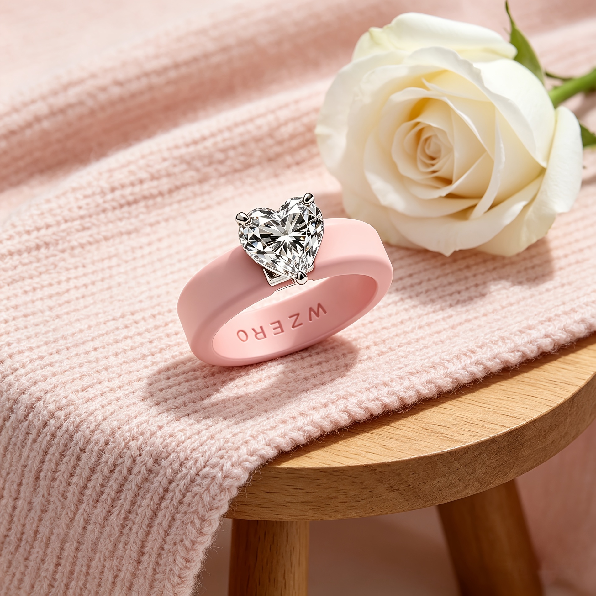 Pink Silicone Ring with Heart-Shaped 3A Zirconia, Daily Wear