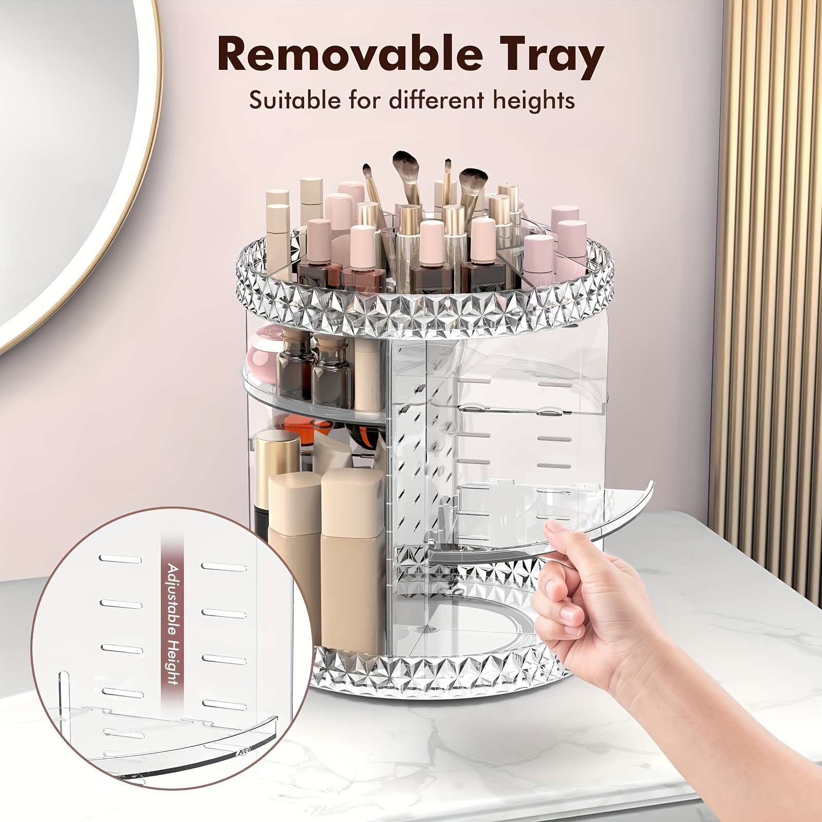 light   circular transparent makeup storage box 360 degree rotating desktop dressing table lipstick skin care product storage shelf diamond pattern rotating makeup box skin care product brush storage dressing table display shelf Product details 2