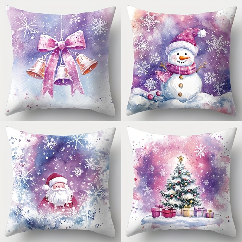 

4pcs, New Christmas Purple Watercolor Theme Pillow, Santa Claus, Snowman, Bells And Other , 17.72 X 17.72, Suitable For Living Room Sofa, Bed, Bedroom Home Decoration, No Pillow