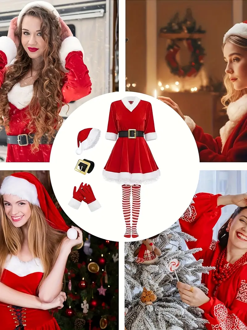 christmas play dress Women Claus Santa Dress Outfit Christmas Role Play Costume Velvet Fancy Dress