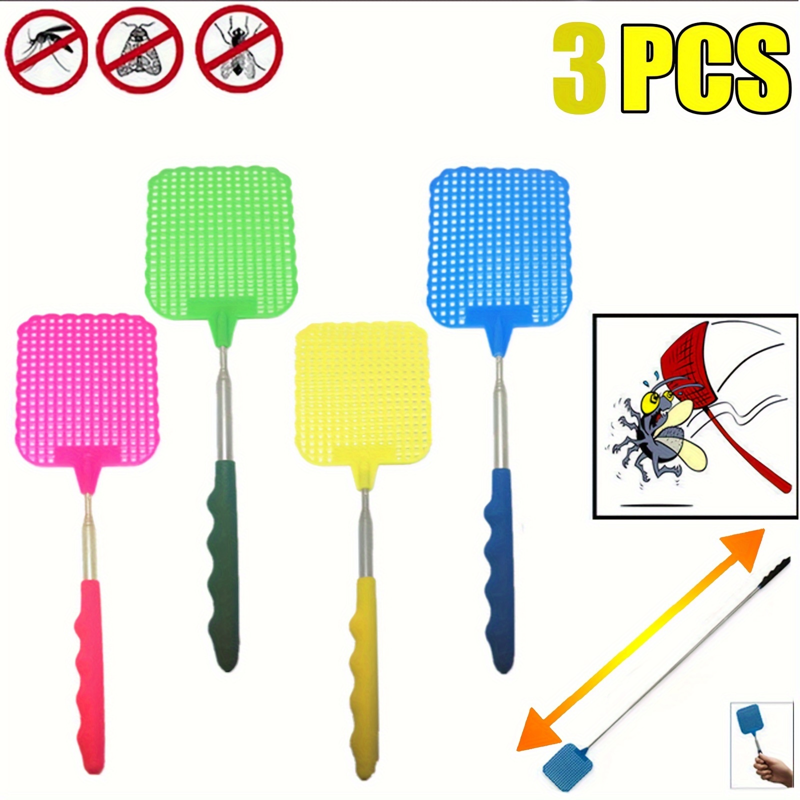 

3-pack Telescopic Fly Swatters, Manual Insect Control, Durable Plastic, Non-slip Grip, Adjustable Long Handle Bug Swatter For Indoor & Outdoor Use Without Electricity