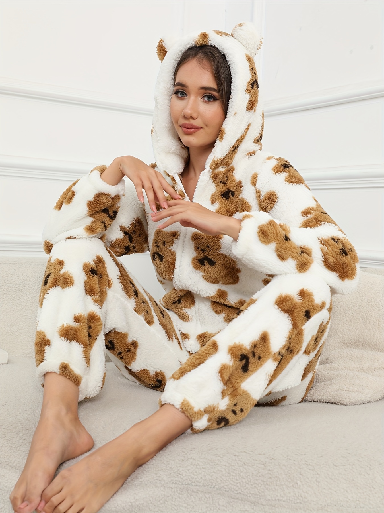 Solid Fuzzy Hooded Lounge Jumpsuit Long Sleeve Zipper - Temu