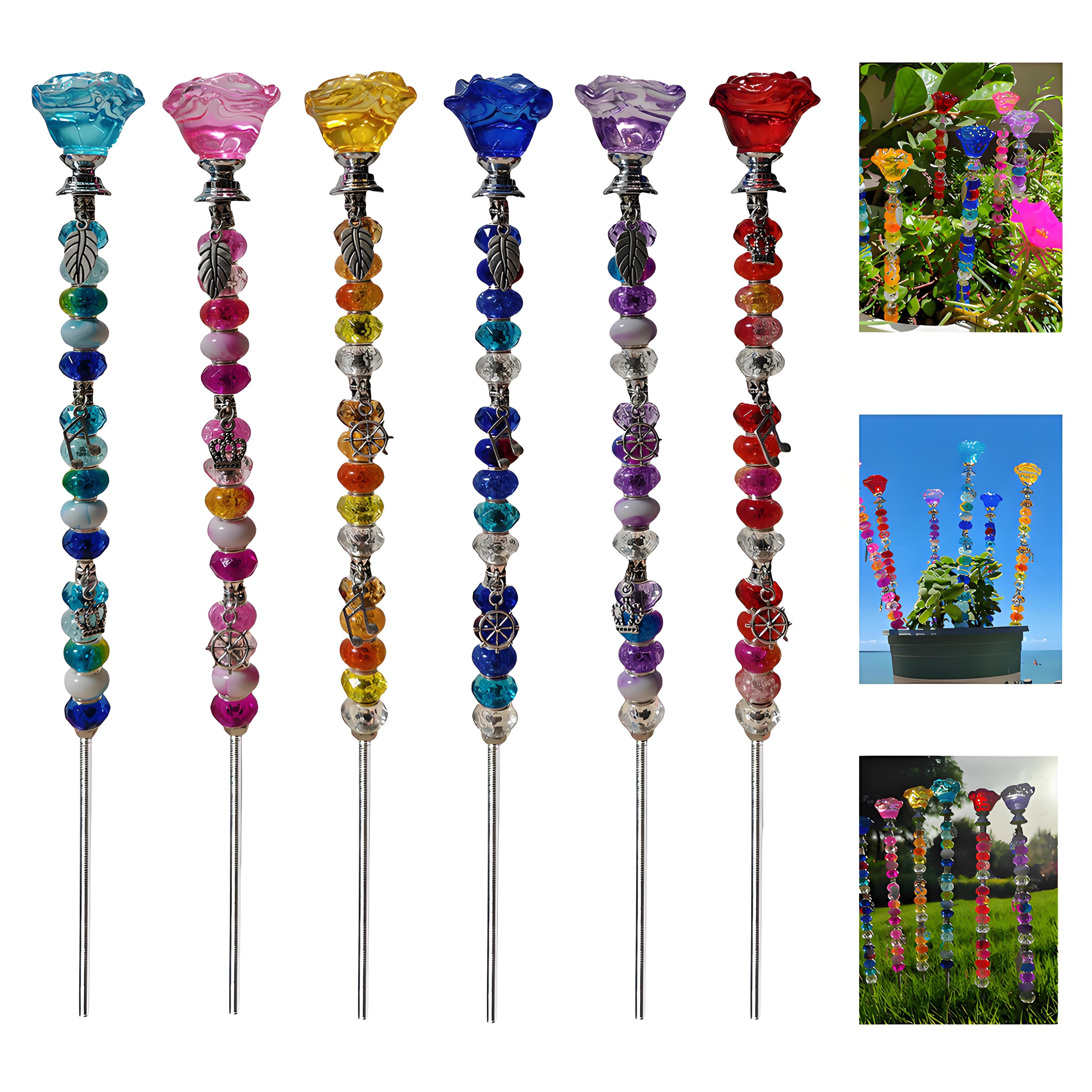 8 Pezzi Paletti da Giardino Fai da Te con Perline, Bacchette da Giardino in Acciaio Inossidabile con Tappo in Cristallo, Paletti da Giardino Decorativi con Perline Kit Bacchette da Giardino per Decora