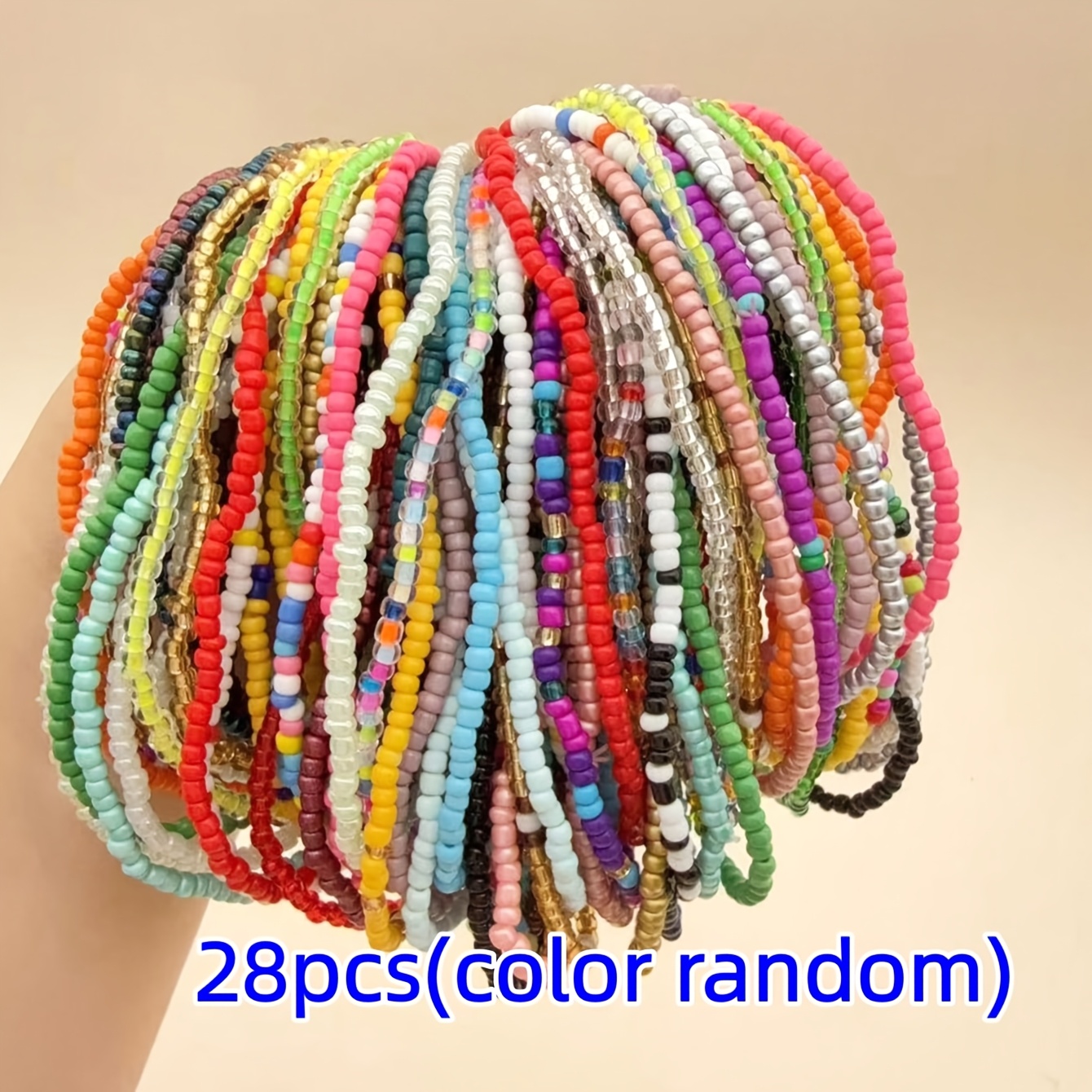 TEMU 28pcs Random Color Bohemian Handmade Mixed-color Seed Bead Bracelet Set, Stackable Beaded Elastic Cord Set, For Daily Commuting, Banquet And