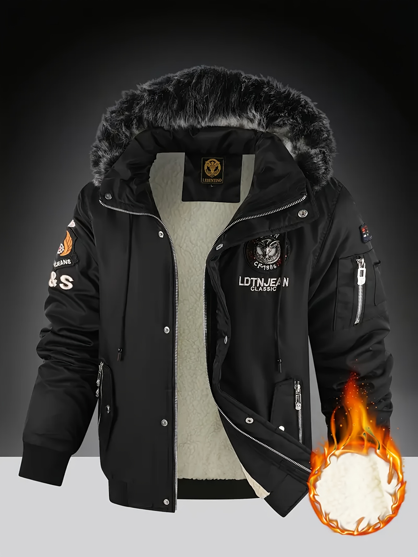 Men'S Fleece-Lined Thick Faux Fur Collar (Removable) Hooded Jacket, 100% Nylon Fabric, Ribbed Cuffs. Solid Color Casual Easy Versatile Bomber Jacket. Casual Outing, Daily Commute Winter Warm Outfit