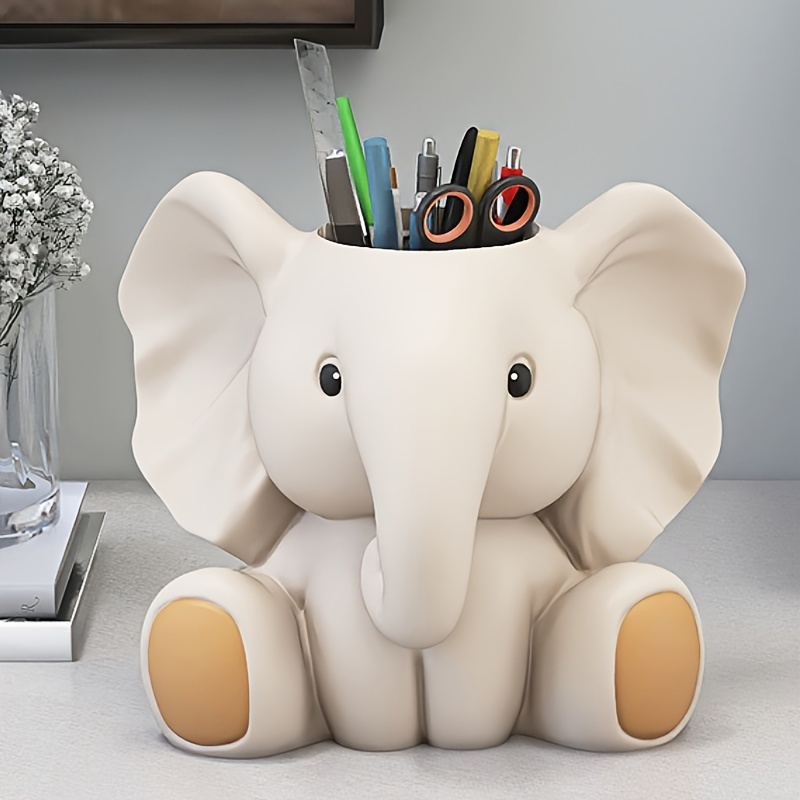 

Charming Elephant Pen Holder - Resin Desk Organizer For Stationery, Makeup & Lipstick - Perfect Home Office Decor Or Birthday Gift