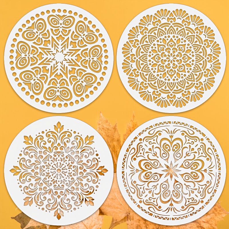 Image of 4pcs Stencil Set - 20cm X 20cm Reusable Craft Templates For Painting, Wall Art, Fabric, Home Decor And Scrapbooking - Geometric And Floral Designs