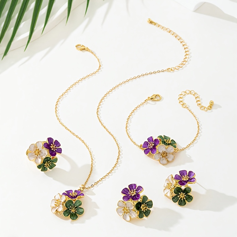 TEMU A Four-piece Women's Jewelry Set Including A Colorful Drip-painted Creative Fresh Vacation-style Sweet Floral Pendant Necklace, A Pair Of Stud