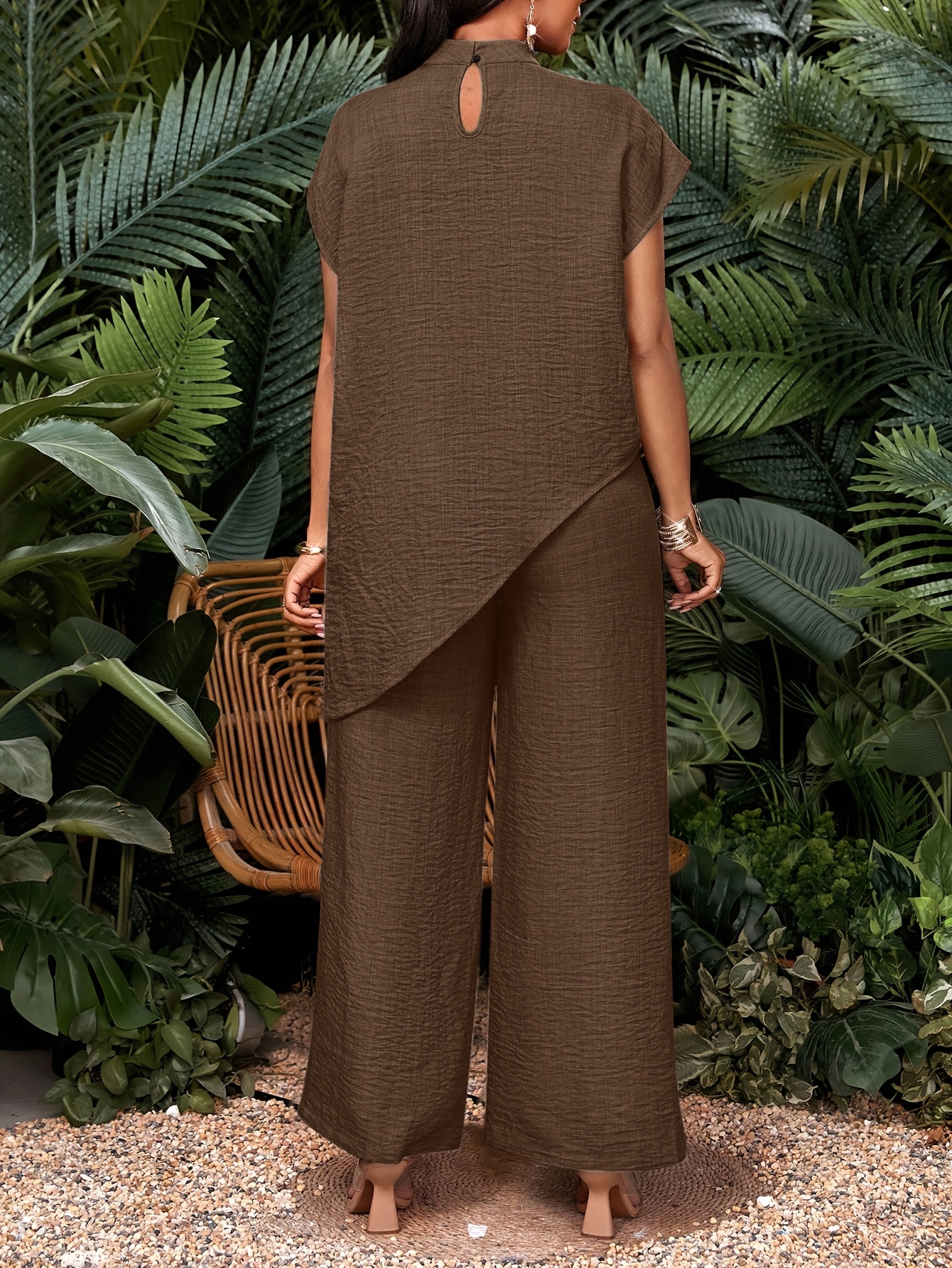 Women's Vacation Casual Solid Color Asymmetrical Hem Top and Pants Two-Piece Set, Autumn Women's Clothing