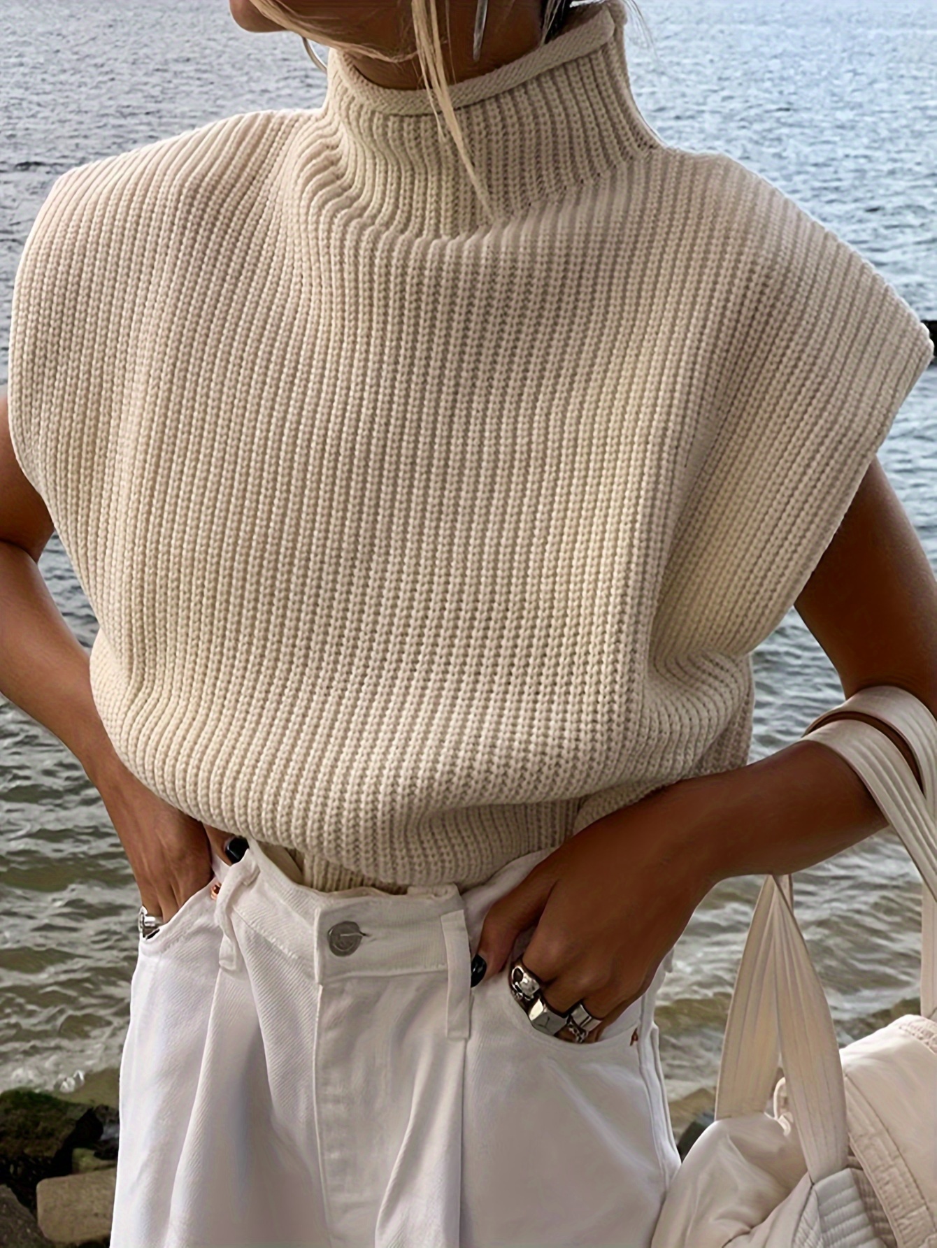 women's mock turtle neck sweater vest sleeveless knit casual