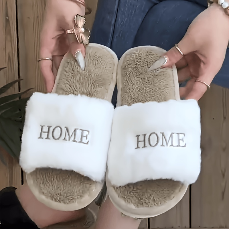 Image of Women's Cozy Plush Slippers With "home" Embroidery - Soft -furry Indoor, White & Cushioned Sole - Comfortable Slip-ons For Home, Women Shoes