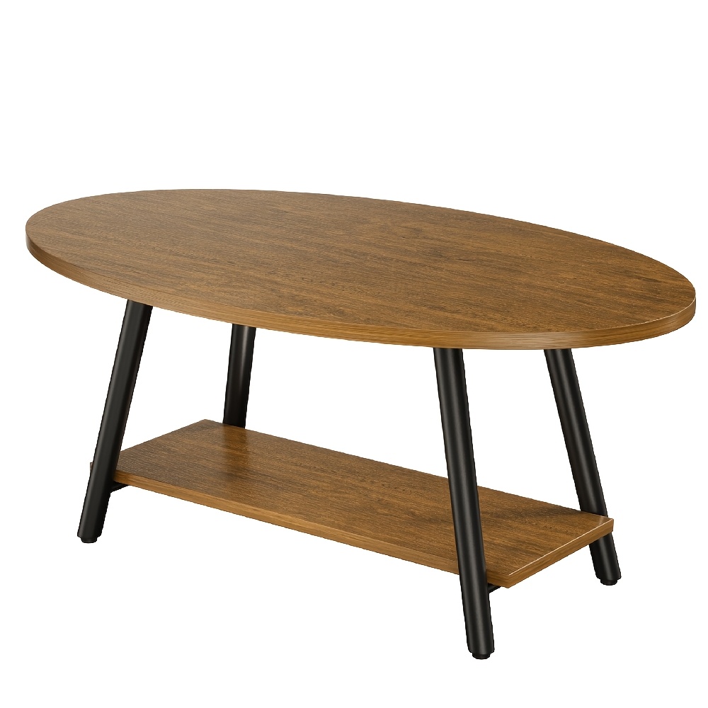 Image of Side Table 2-tier Coffee Table With Storage Shelf, Modern Wood Accent Side Table With Sturdy Metal Frame, Industrial Sofa Table For Living Room Bedroom Office, Oval, 101*60*43cm, White
